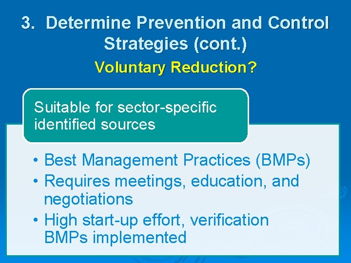 3. Determine Prevention and Control Strategies (cont. ) Voluntary Reduction? Suitable for sector-specific identified