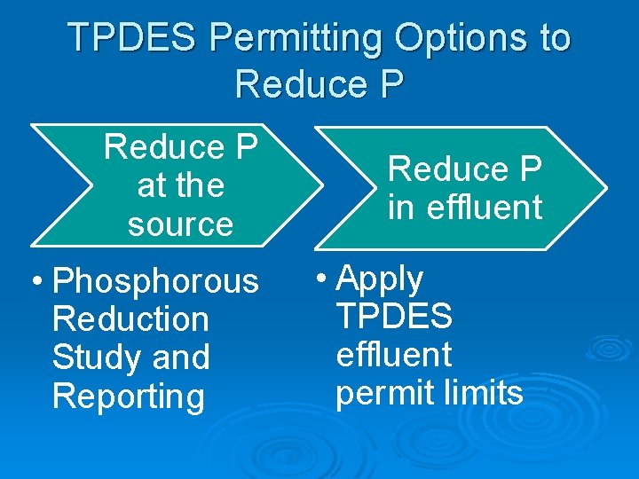TPDES Permitting Options to Reduce P at the source • Phosphorous Reduction Study and