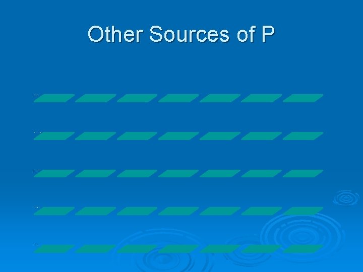 Other Sources of P Animal and human wastes Detergents, cleaners, and disinfectants Personal care