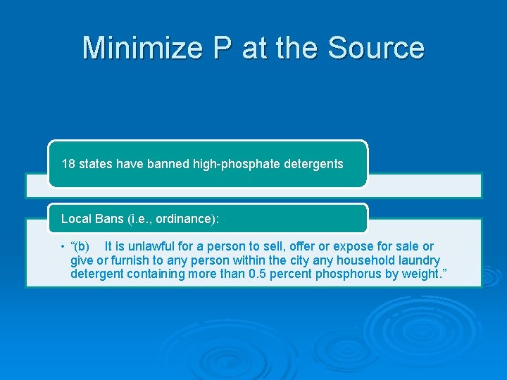 Minimize P at the Source 18 states have banned high-phosphate detergents Local Bans (i.