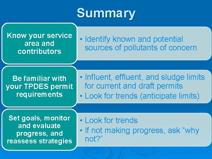 Summary Know your service area and contributors • Identify known and potential sources of