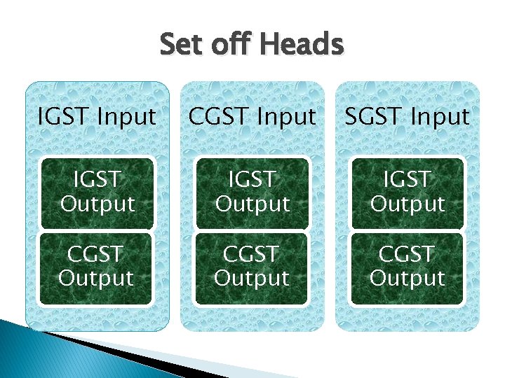 Set off Heads IGST Input CGST Input SGST Input IGST Output CGST Output 