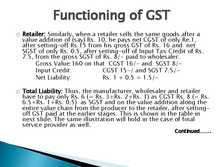 Functioning of GST � � Retailer: Similarly, when a retailer sells the same goods