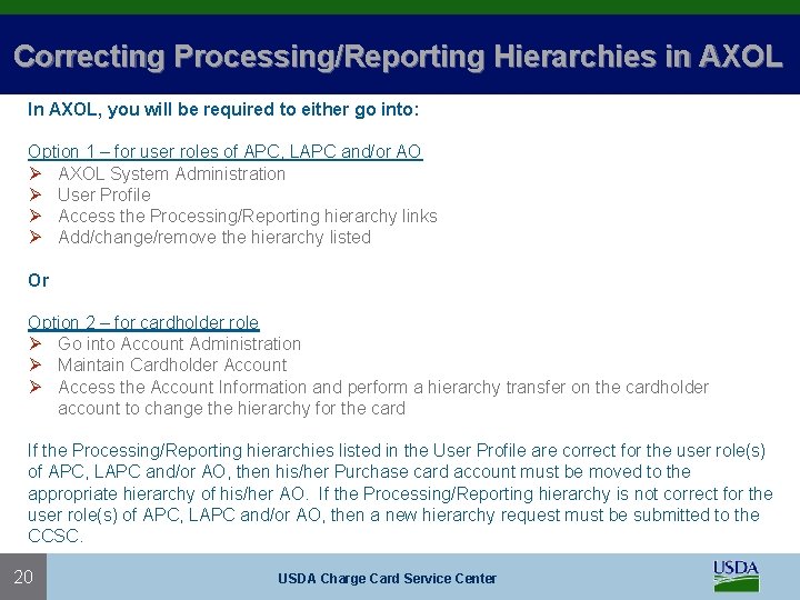 Correcting Processing/Reporting Hierarchies in AXOL In AXOL, you will be required to either go