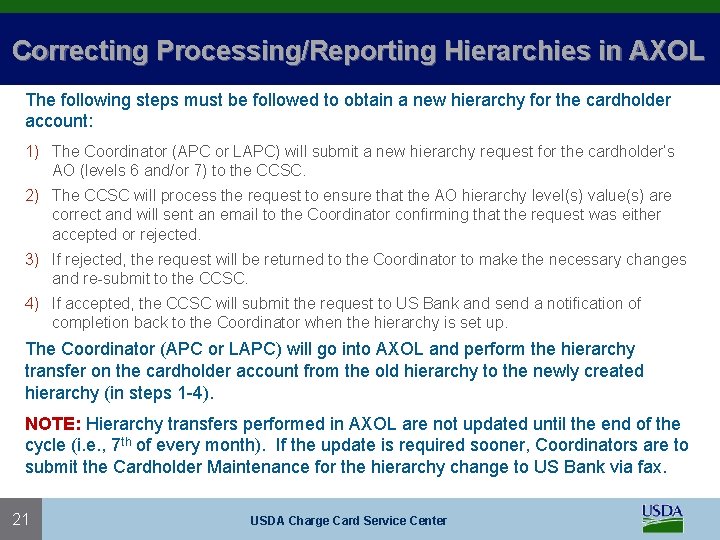 Correcting Processing/Reporting Hierarchies in AXOL The following steps must be followed to obtain a