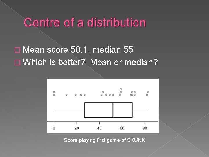 Centre of a distribution � Mean score 50. 1, median 55 � Which is