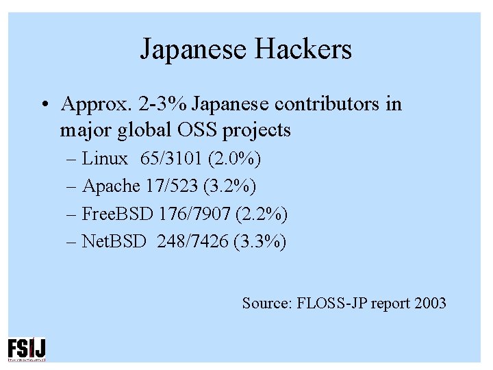 Japanese Hackers • Approx. 2 -3% Japanese contributors in major global OSS projects –