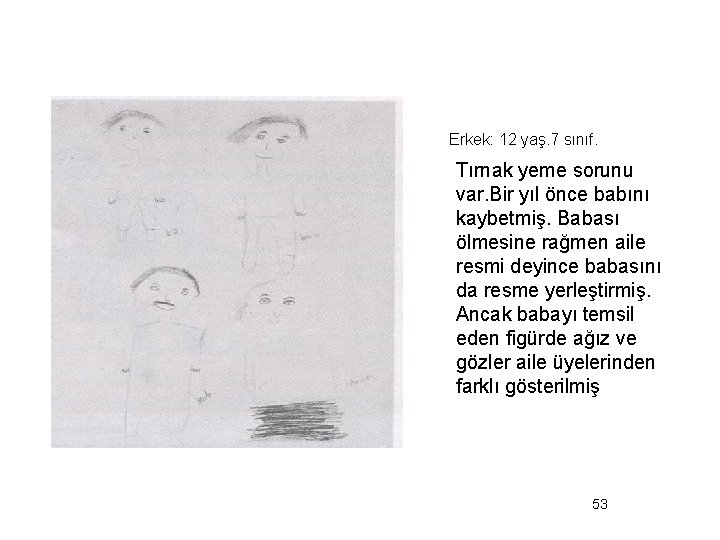 Erkek: 12 yaş. 7 sınıf. Tırnak yeme sorunu var. Bir yıl önce babını kaybetmiş.