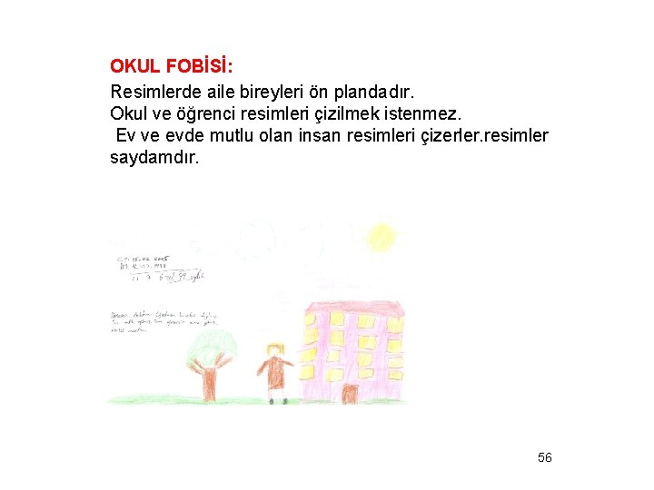 OKUL FOBİSİ: Resimlerde aile bireyleri ön plandadır. Okul ve öğrenci resimleri çizilmek istenmez. Ev