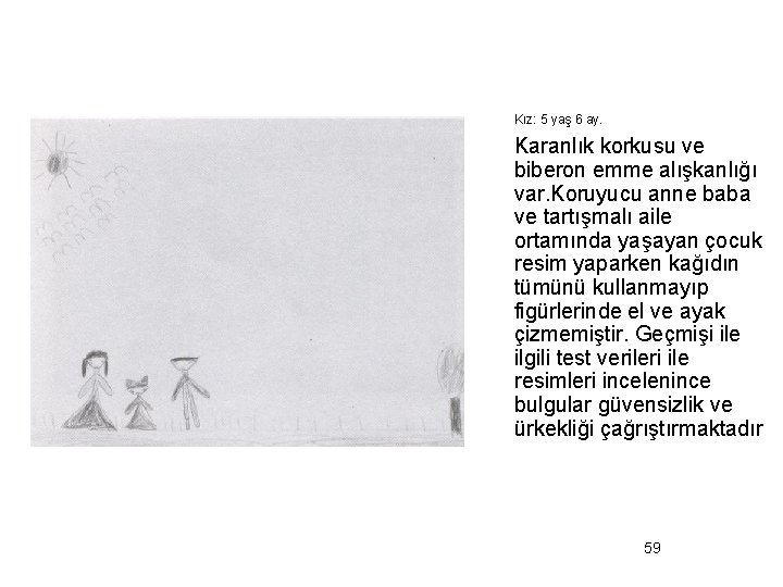 Kız: 5 yaş 6 ay. Karanlık korkusu ve biberon emme alışkanlığı var. Koruyucu anne