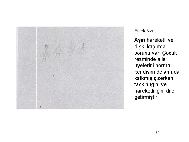 Erkek: 8 yaş. Aşırı hareketli ve dışkı kaçırma sorunu var. Çocuk resminde aile üyelerini