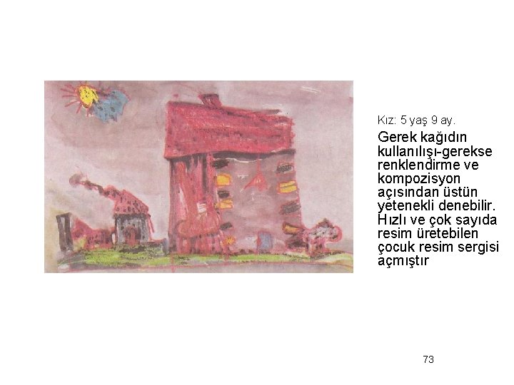 Kız: 5 yaş 9 ay. Gerek kağıdın kullanılışı-gerekse renklendirme ve kompozisyon açısından üstün yetenekli