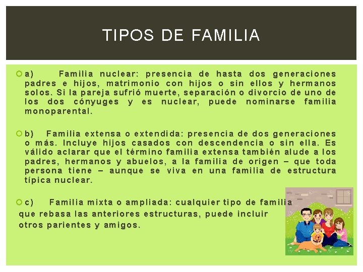 TIPOS DE FAMILIA a) Familia nuclear: presencia de hasta dos generaciones padres e hijos,