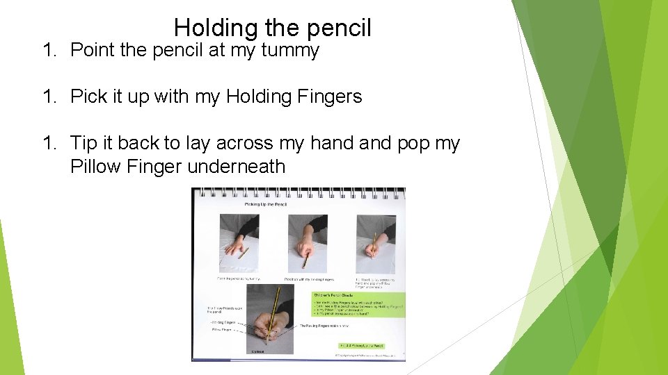 Holding the pencil 1. Point the pencil at my tummy 1. Pick it up