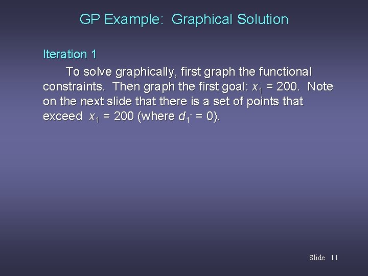 GP Example: Graphical Solution Iteration 1 To solve graphically, first graph the functional constraints.