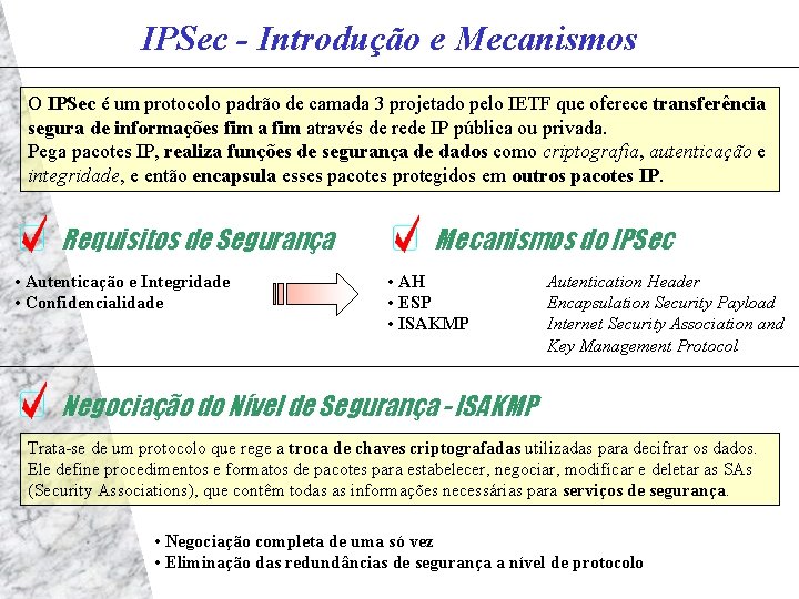 IPSec - Introdução e Mecanismos O IPSec é um protocolo padrão de camada 3