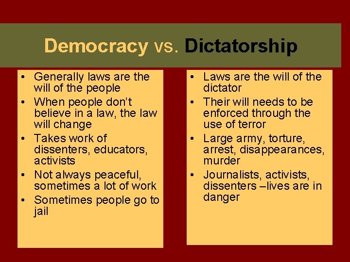 Democracy vs. Dictatorship • Generally laws are the will of the people • When
