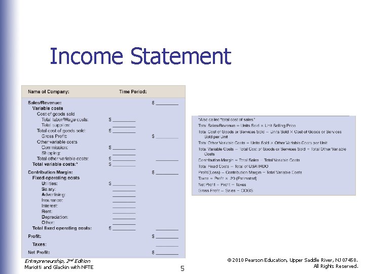 Income Statement Entrepreneurship, 2 nd Edition Mariotti and Glackin with NFTE 5 © 2010