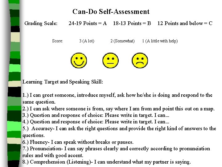 Can-Do Self-Assessment Grading Scale: Score: 24 -19 Points = A 3 (A lot) 18