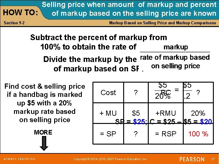 Selling price when amount of markup and percent HOW TO: of markup based on
