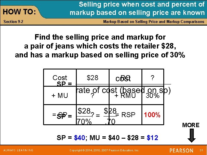 Selling price when cost and percent of markup based on selling price are known