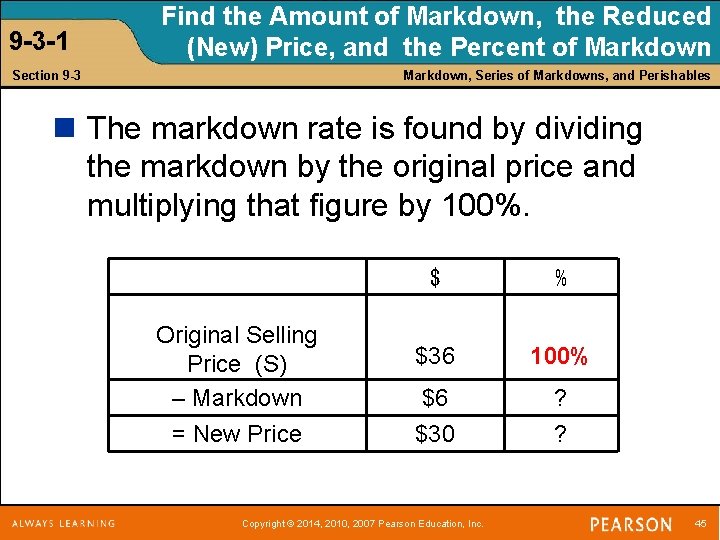 9 -3 -1 Find the Amount of Markdown, the Reduced (New) Price, and the