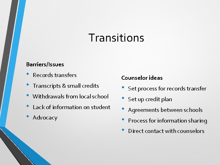 Transitions Barriers/Issues • • • Records transfers Counselor ideas Transcripts & small credits •