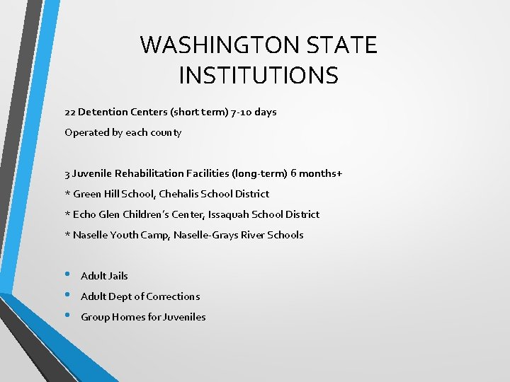 WASHINGTON STATE INSTITUTIONS 22 Detention Centers (short term) 7 -10 days Operated by each
