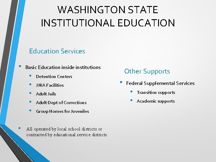 WASHINGTON STATE INSTITUTIONAL EDUCATION Education Services • Basic Education inside institutions • • •