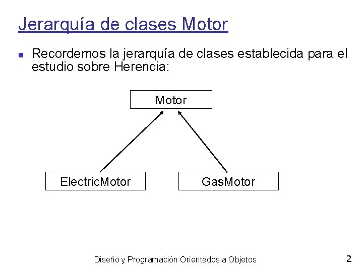 Jerarquía de clases Motor Recordemos la jerarquía de clases establecida para el estudio sobre