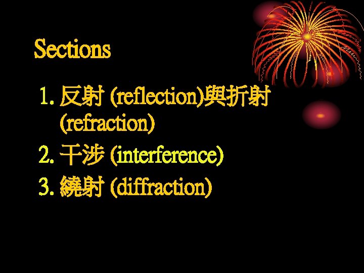 Sections 1. 反射 (reflection)與折射 (refraction) 2. 干涉 (interference) 3. 繞射 (diffraction) 