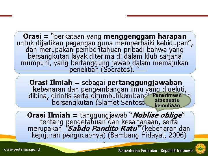 Orasi = “perkataan yang menggam harapan untuk dijadikan pegangan guna memperbaiki kehidupan”, dan merupakan