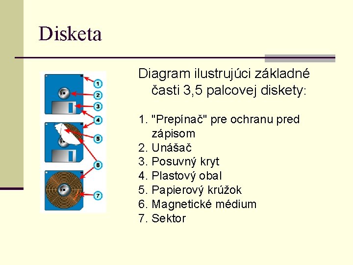 Disketa Diagram ilustrujúci základné časti 3, 5 palcovej diskety: 1. "Prepínač" pre ochranu pred