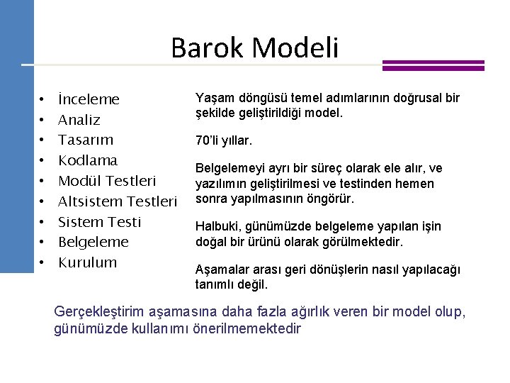 Barok Modeli • • • İnceleme Analiz Tasarım Kodlama Modül Testleri Altsistem Testleri Sistem