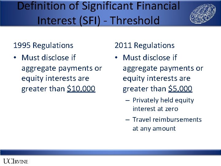 Definition of Significant Financial Interest (SFI) - Threshold 1995 Regulations • Must disclose if