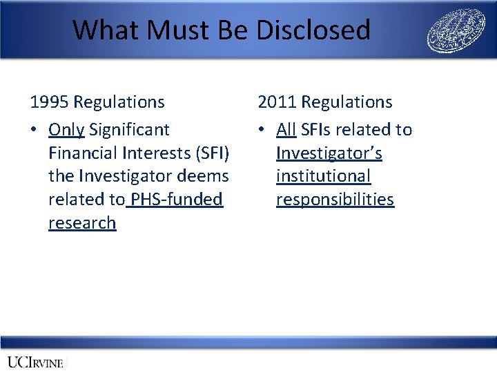 What Must Be Disclosed 1995 Regulations • Only Significant Financial Interests (SFI) the Investigator