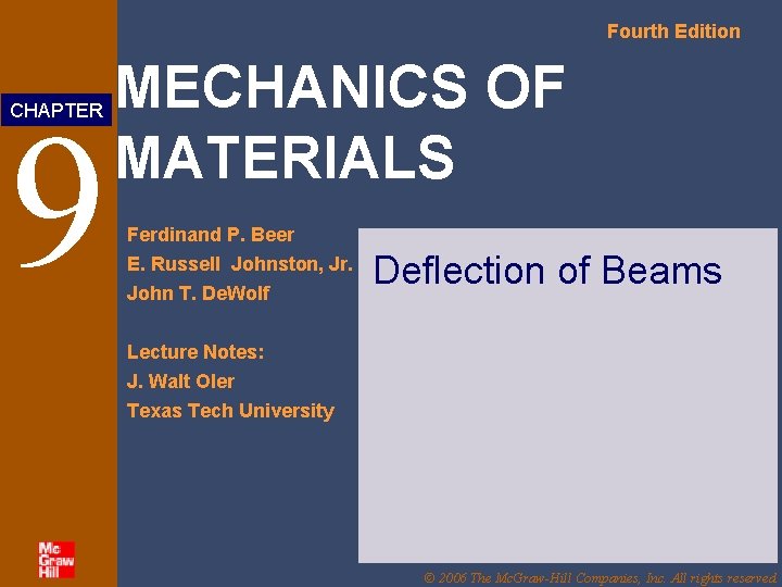 Fourth Edition 9 CHAPTER MECHANICS OF MATERIALS Ferdinand P. Beer E. Russell Johnston, Jr.