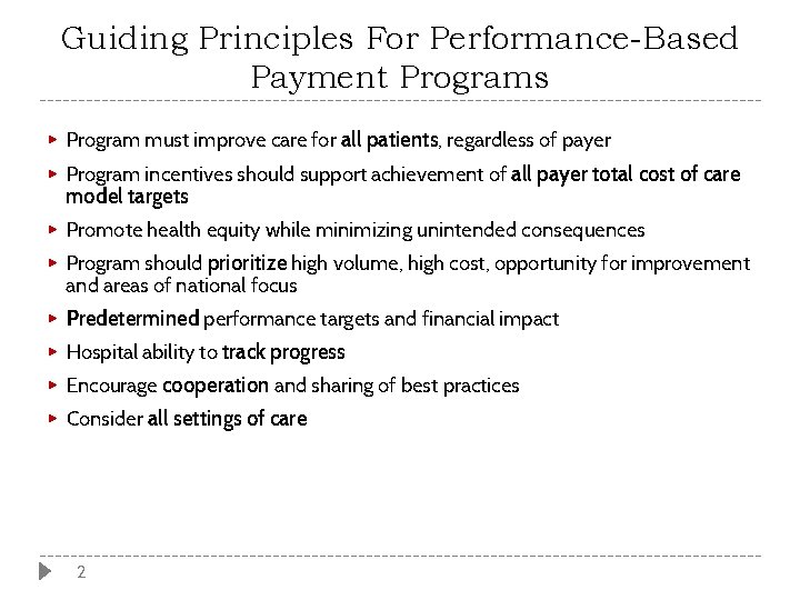 Guiding Principles For Performance-Based Payment Programs ▶ Program must improve care for all patients,