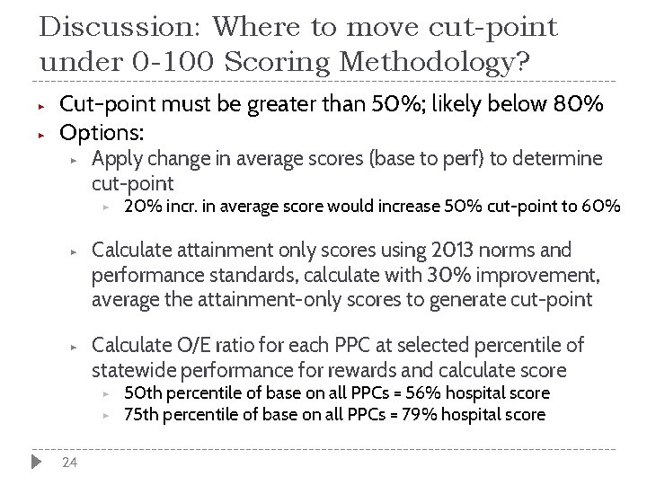 Discussion: Where to move cut-point under 0 -100 Scoring Methodology? ▶ ▶ Cut-point must