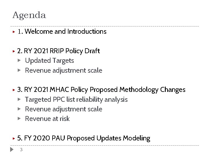 Agenda ▶ ▶ 1. Welcome and Introductions 2. RY 2021 RRIP Policy Draft ▶