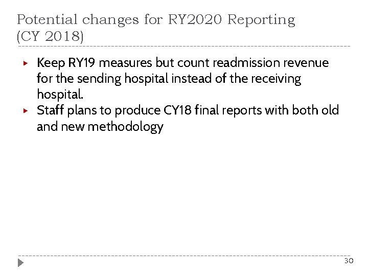 Potential changes for RY 2020 Reporting (CY 2018) ▶ ▶ Keep RY 19 measures