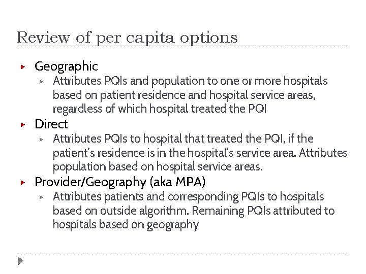 Review of per capita options ▶ Geographic ▶ ▶ Direct ▶ ▶ Attributes PQIs