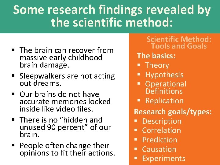Some research findings revealed by the scientific method: § The brain can recover from