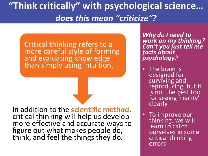 “Think critically” with psychological science… does this mean “criticize”? Critical thinking refers to a