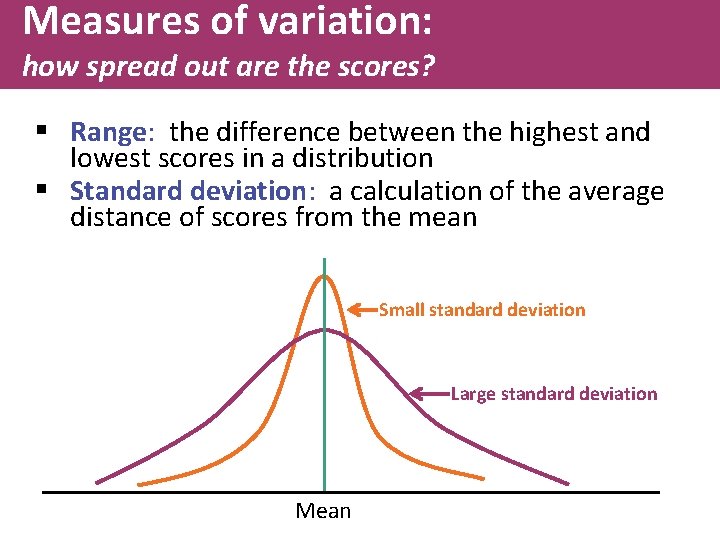 Measures of variation: how spread out are the scores? § Range: the difference between