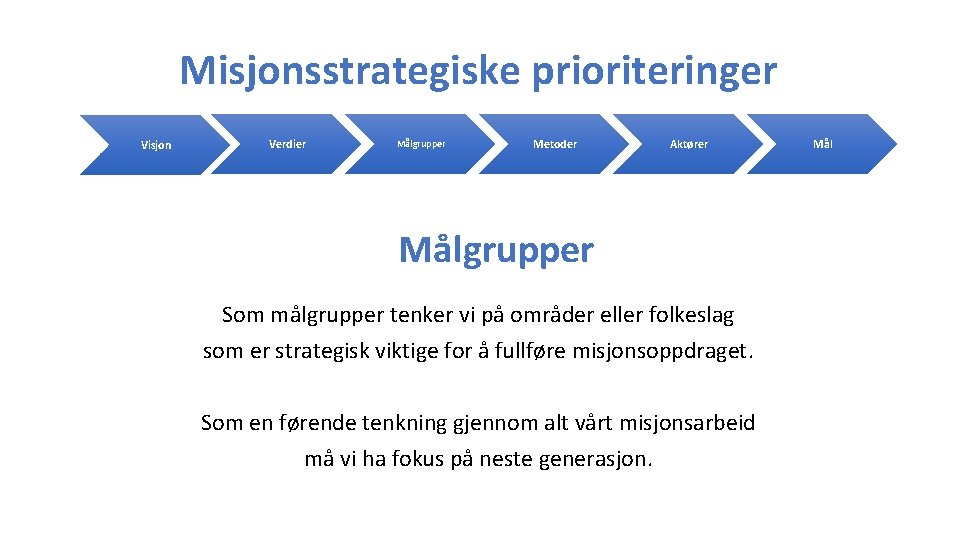 Misjonsstrategiske prioriteringer Visjon Verdier Målgrupper Metoder Aktører Målgrupper Som målgrupper tenker vi på områder