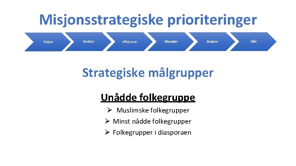 Misjonsstrategiske prioriteringer Visjon Verdier Målgrupper Metoder Aktører Strategiske målgrupper Unådde folkegruppe Ø Muslimske folkegrupper