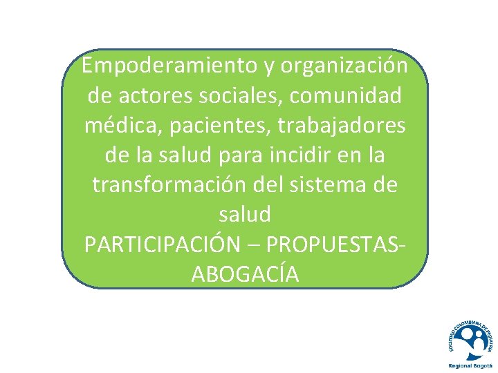 Empoderamiento y organización de actores sociales, comunidad médica, pacientes, trabajadores de la salud para