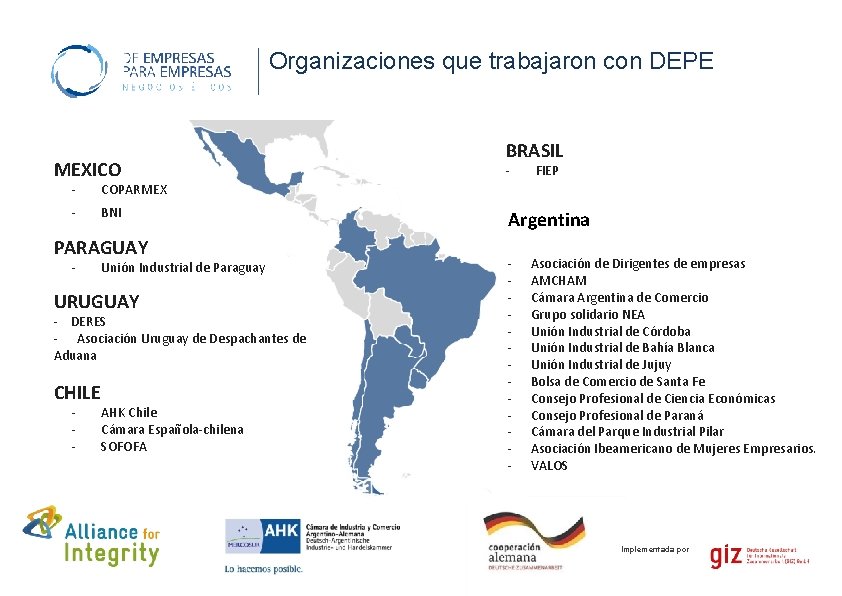 Organizaciones que trabajaron con DEPE MEXICO - COPARMEX - BNI PARAGUAY - Unión Industrial