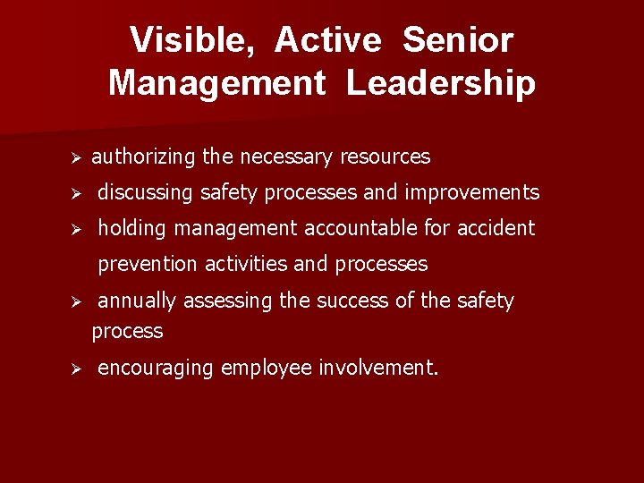 Visible, Active Senior Management Leadership Ø authorizing the necessary resources Ø discussing safety processes